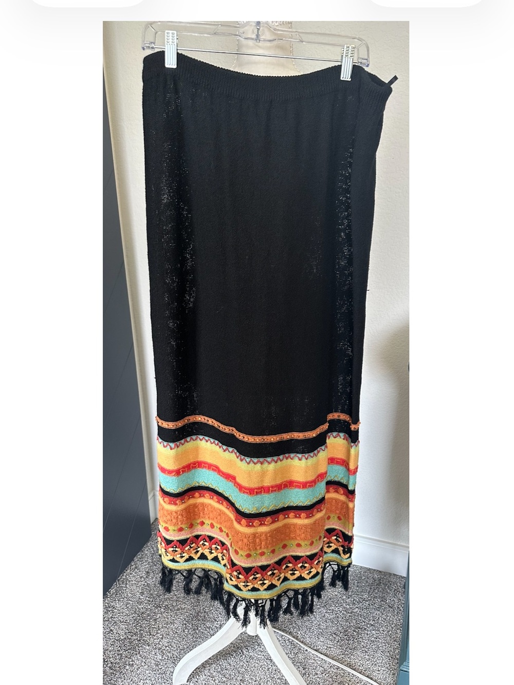 Double D Black Maxi Skirt with Multicolor Embroidered Hem